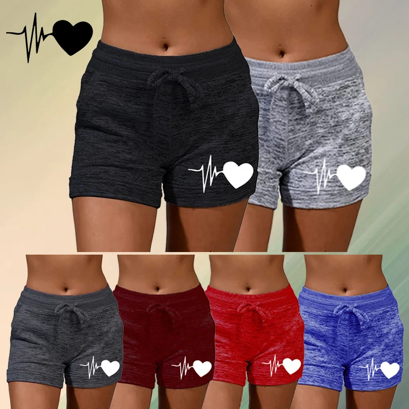 

Women's Fashion Soft Casual Shorts Pockets Drawstring Sport Stretchy Short Elastic Waist Sweet Print Yoga Running Plus Size Pant