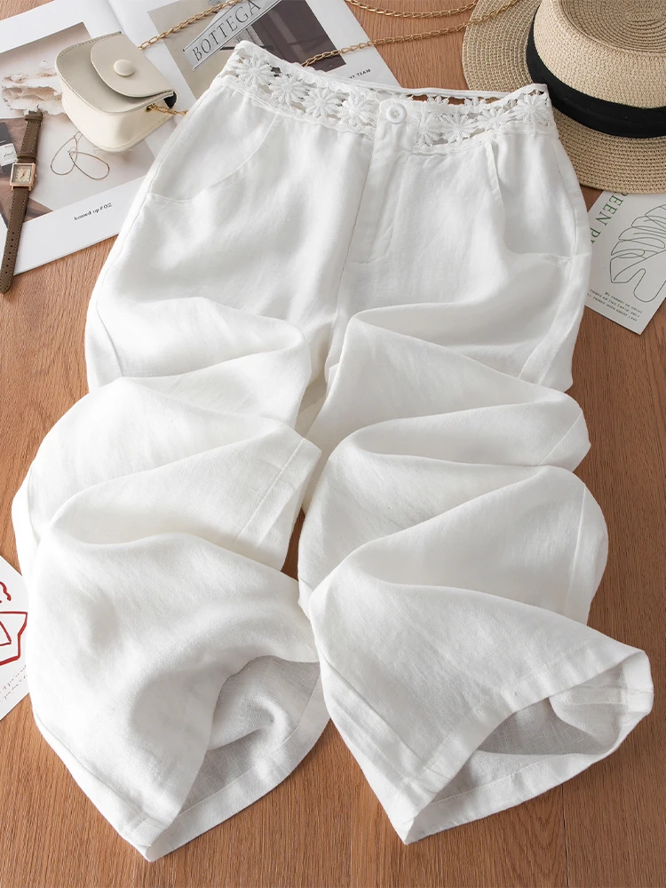 

Белые льняные брюки с широкими штанинами для женщин, летние, тонкие, с высокой талией, драпированные, повседневные, свободные, с защитой от солнца, прямые брюки, для офиса и повседневной носки