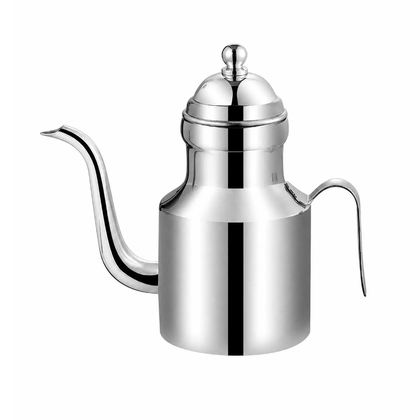 Polished Stainless Steel Oil Bottle with Loop Handle and Long Curved Spout for Precise Drip Free Kitchen Dispensing