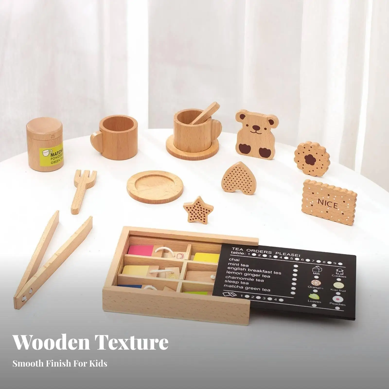 Childrens Wooden Fabric Toy Tea Party Set Miniature Furniture Dollhouse Tableware Pretend Play Kitchen Accessories Teapot Cups