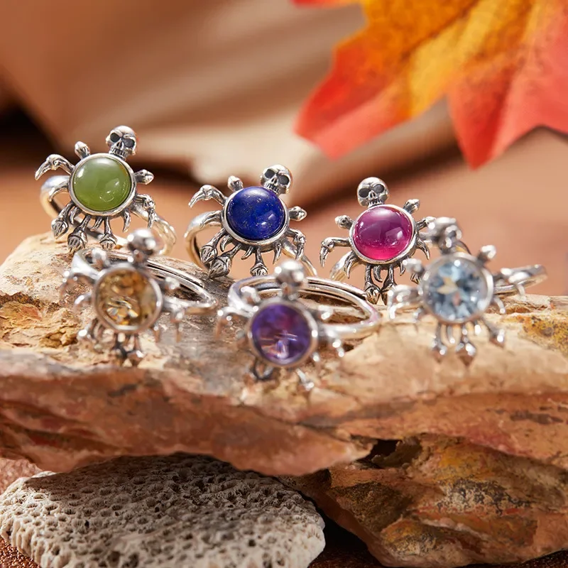 European and American personalized skull spider ring S925 silver natural jasper blue gold red corundum men's and women's