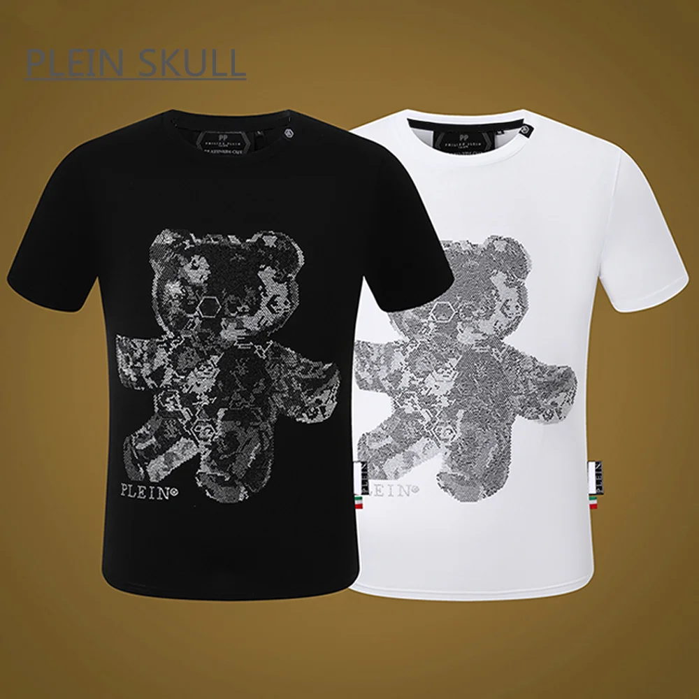 

Мужская футболка PLEIN SKULL для фитнеса, классическая летняя футболка в стиле ретро, топ с короткими рукавами и круглым принтом, унисекс, спортивная футболка с воротником