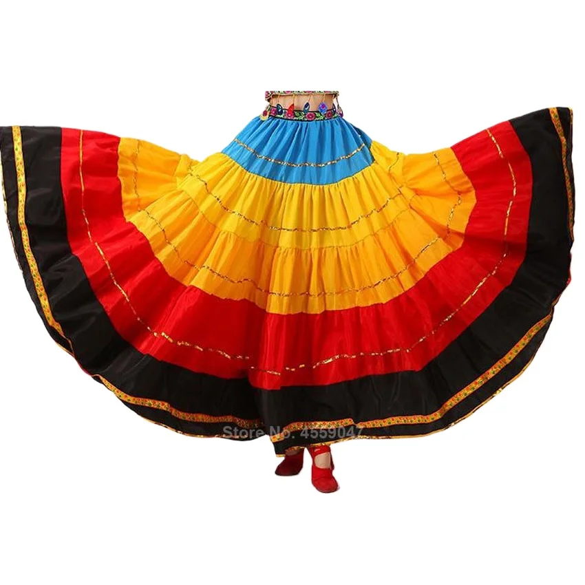 Patchwork Rainbow Color Flamenco Skirt for Women Gypsy Girls Big Swing Spanish Toreo Belly Dancing Stage Costumes Performance