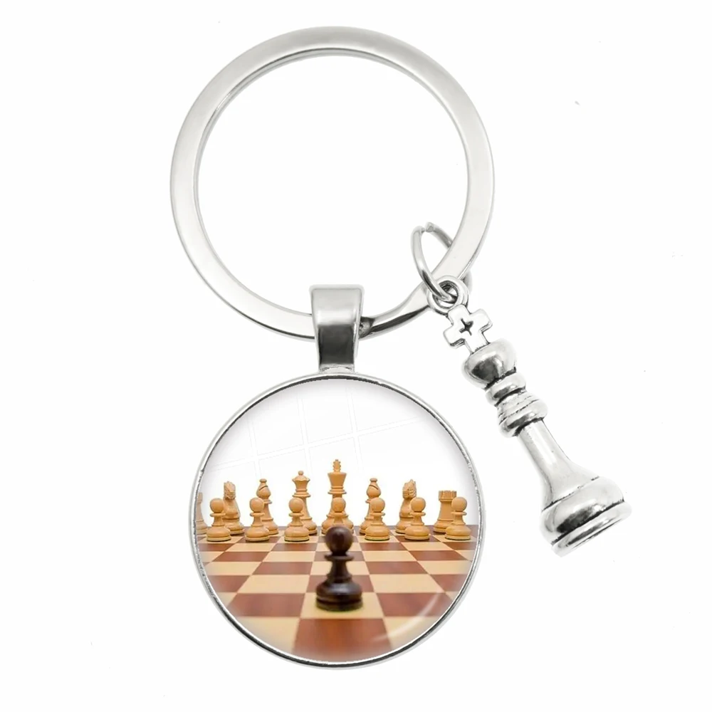 Fashion Chess Keychain Chessboard Chess Piece Glass Dome Pendant Car Keychain Ring Chess Lovers Gift