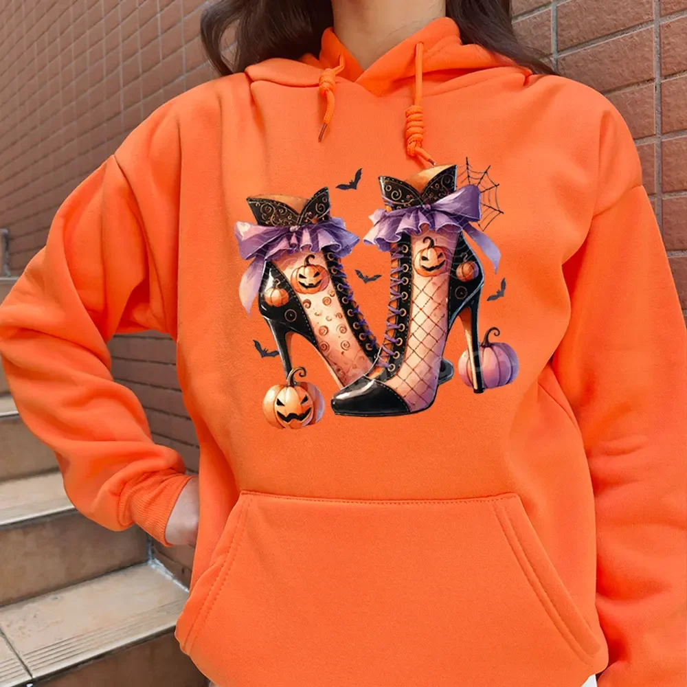 2024 Halloween High Heels Graphic Pumpkin Bat Printed Sweatshirt Funny Cartoon Harajuku Ladies Long Sleeve Halloween Costume