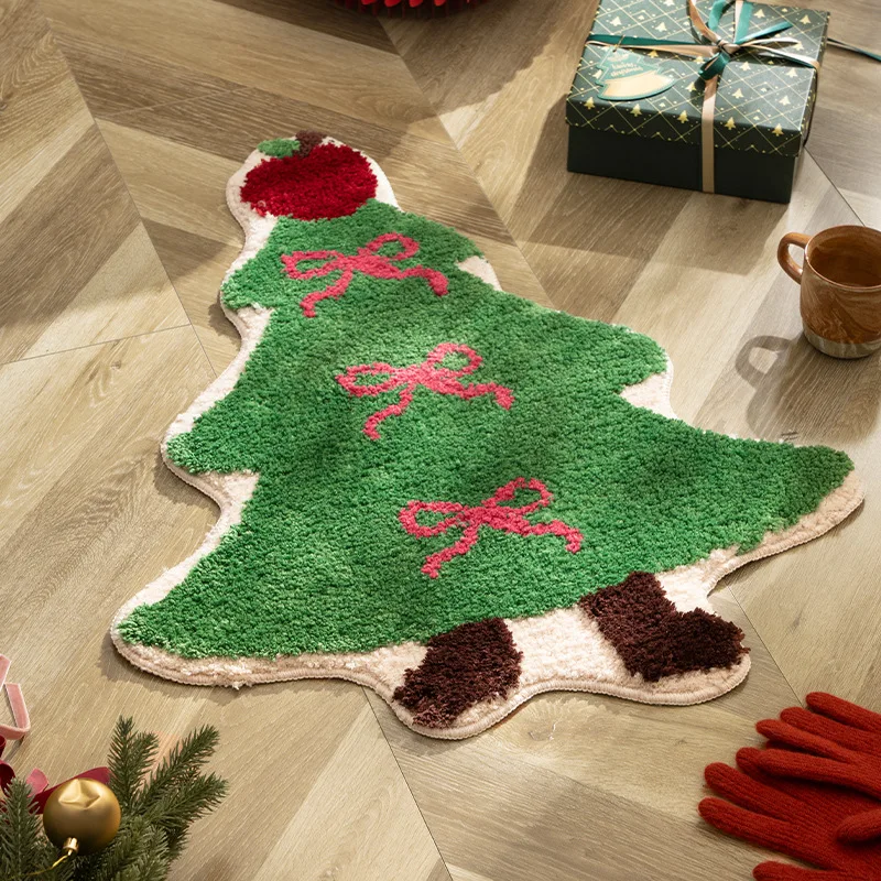 Christmas Tree Shape Rug Soft Tufted Carpet Anti Slip Entrance Door Bedroom Bath Toilet Mat Carpet New Year Gift Home Decor