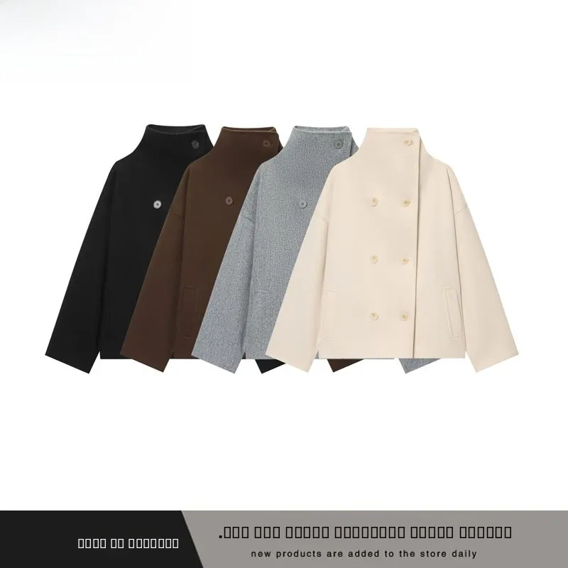 

Модный свободный шерстяной женский тюнет с высоким воротником, осень-зима, Новое поступление, на пуговицах, для поездок на работу, полиэфирное волокно 00%