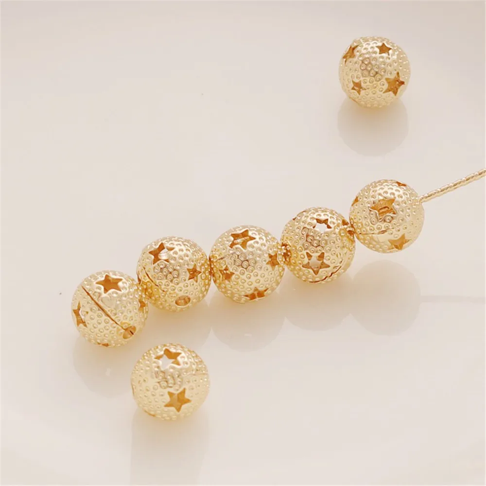 14K Gold-Plated Dotted Five-Pointed Stars, Round Beads, DIY Jewelry, Bracelet, Necklace Accessories, Scattered Bead, 10mm