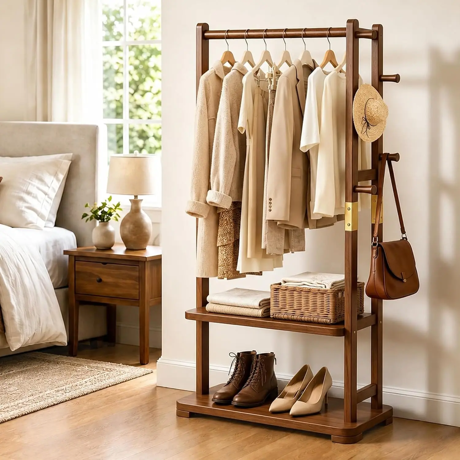 Coat Rack Solid Wood Clothes Rack with 2 Shelves & 5 Hooks for Hanging Clothes Garment Wallets Hats, Clothing Rack Heavy Duty Co