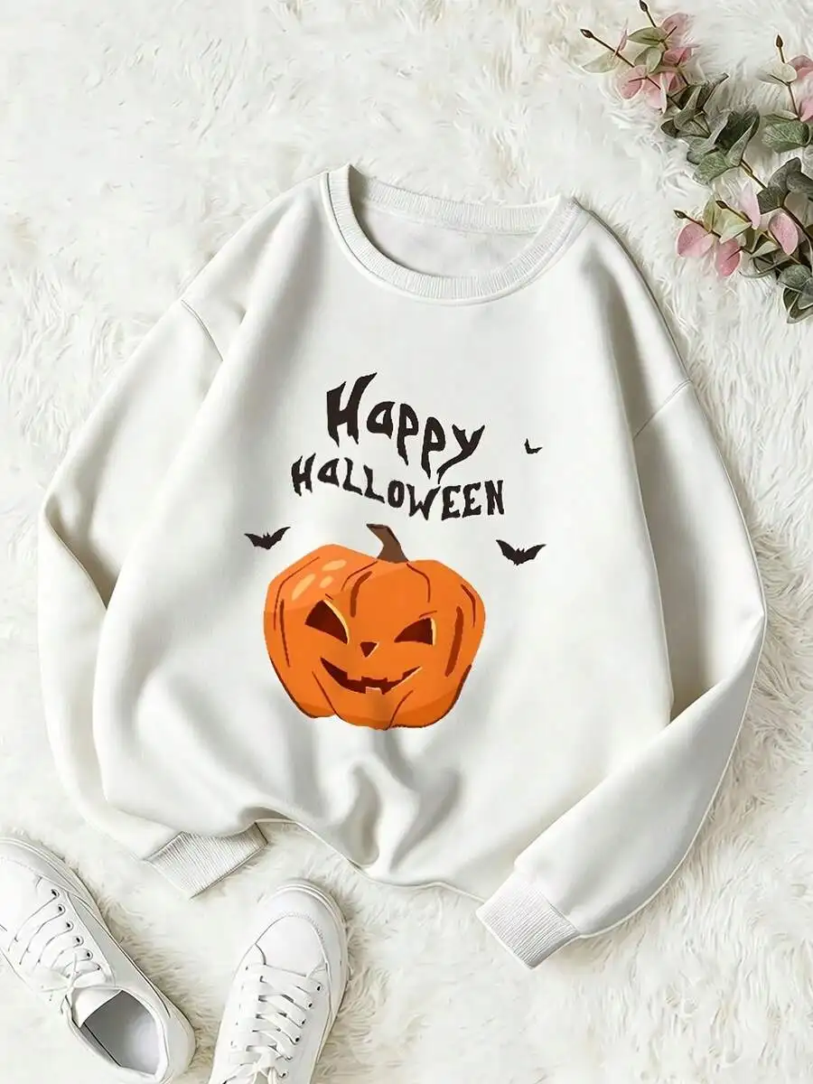 Happy Halloween Cute Pumpkin Bat Spooky Graphic Unisex Long Sleeve Tee, Casual Fall Festival Top For Women Men Halloween Festive Everyday Occasions