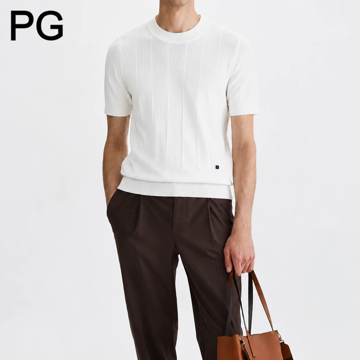 PG Men's Solid Vertical Stripes Knit Shirt - Cool Ice Silk Material - Short Sleeve Fitted Daily Casual T-Shirt