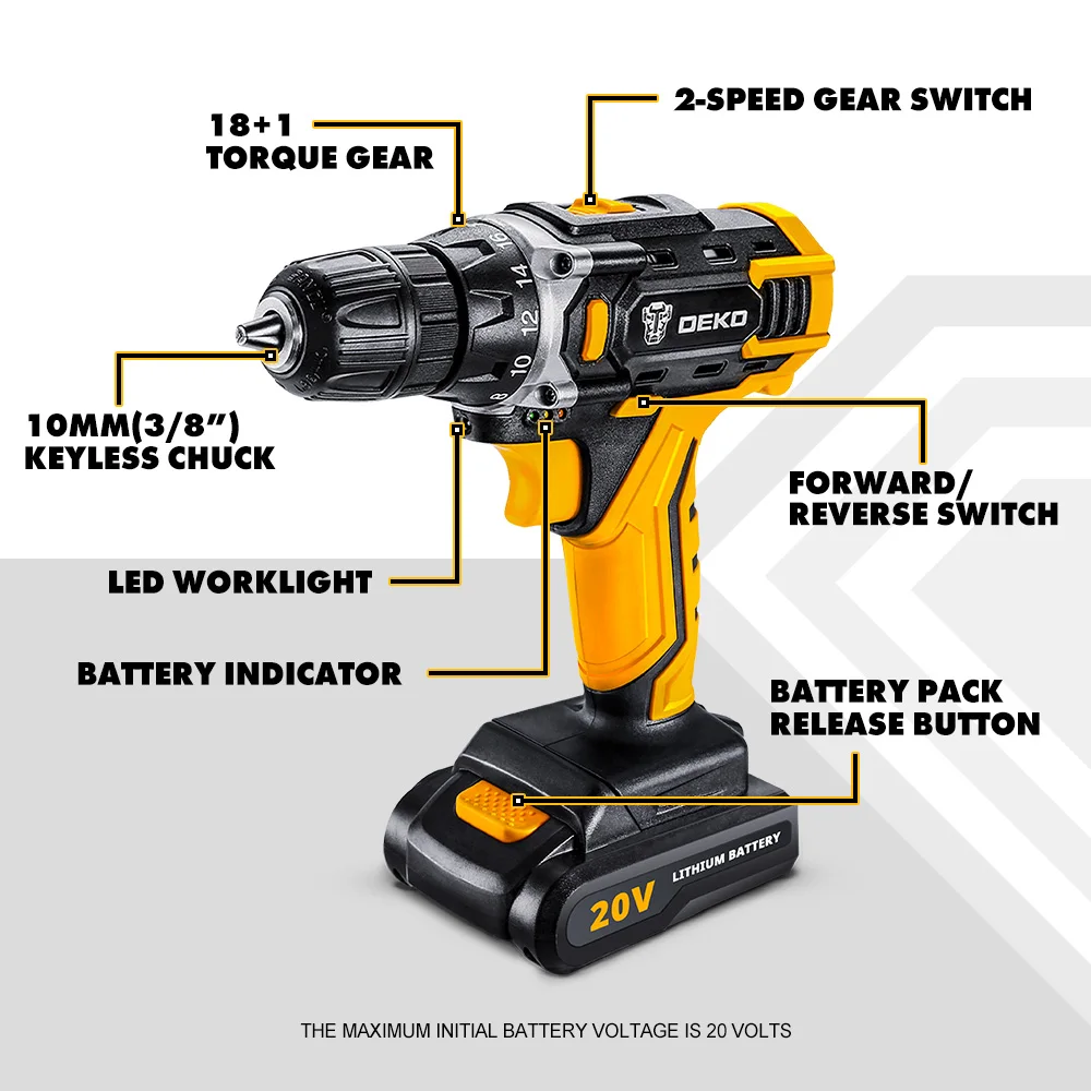 DEKO DKCD SERIES 20V MAX ELECTRIC DRILL CORDLESS SCREWDRIVER CHARGEABLE LITHIUM-ION BATTERY FOR HOME DIY POWER TOOLS