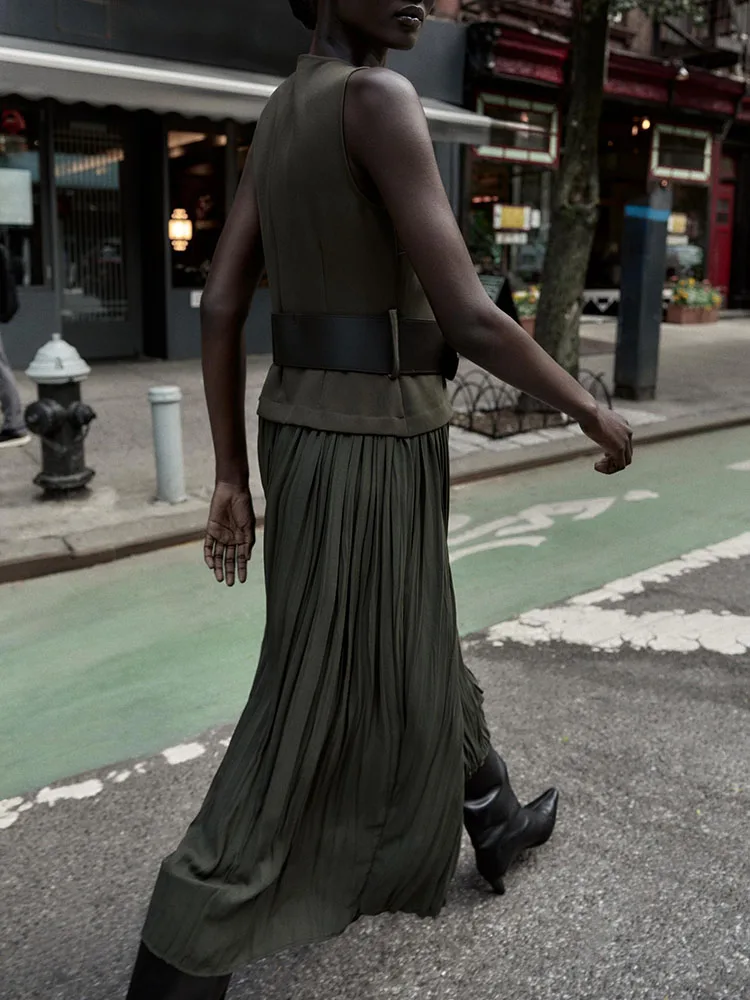 Nova chegada outono za2025 feminino redondo ne sino com cinto midi dr retalhos sle ele vestido festivo