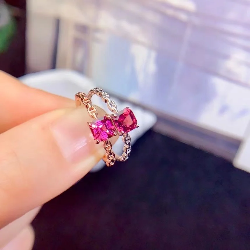 

925 Silver Chain Design Ring 5mm Natural Pyrope Garnet Ring 18K Gold Plated Genuine Garnet Silver Jewelry