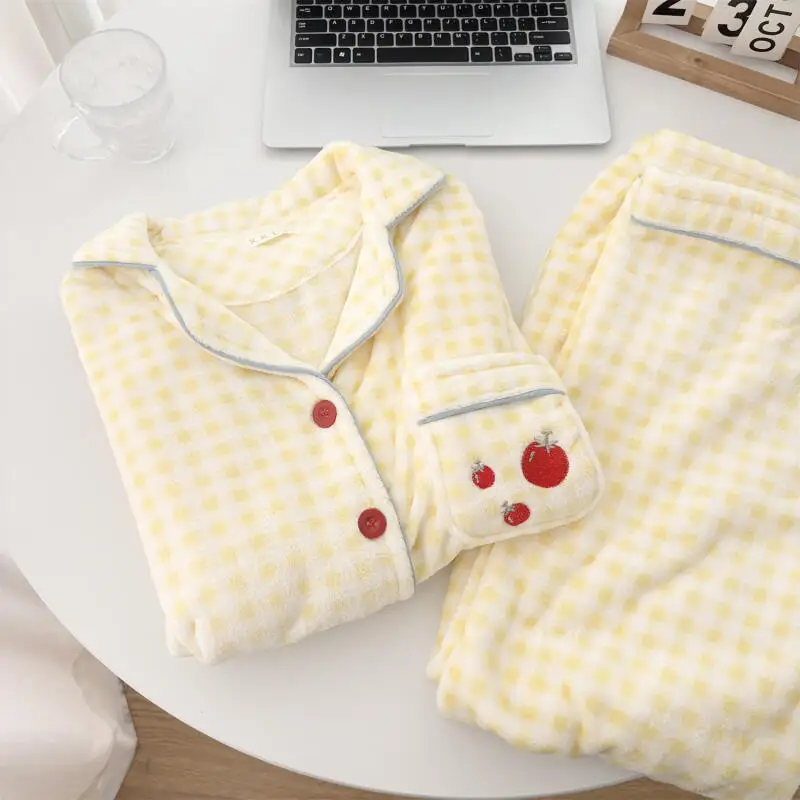 

Thickened Set Women's Pajamas Flannel Plush Round Neck Open Button Loose Comfortable Suit Autumn Winter Girl's Student Sleepcoat