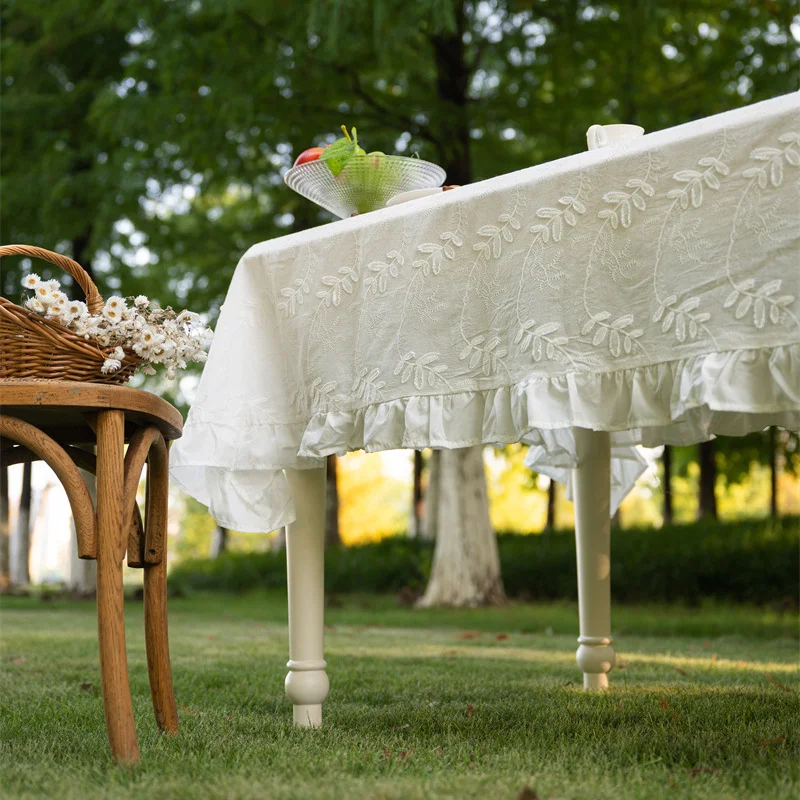 White French Lace Ruffled Cotton Tablecloth Wedding Decoration Three-Dimensional Embroidered Ruffled Rectangular Tablecloth