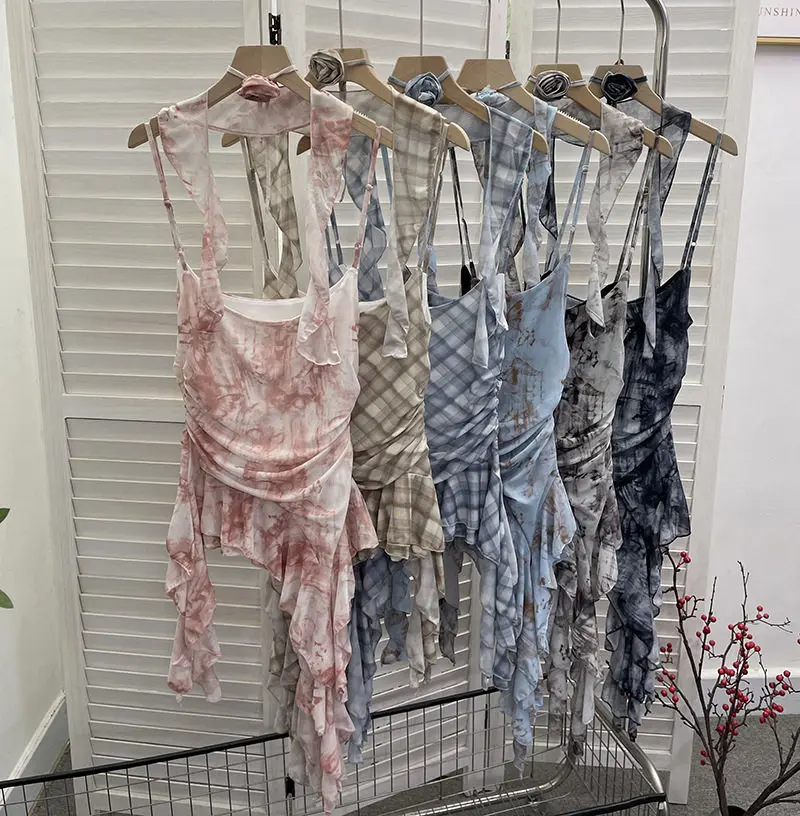 Women's Tie-dye Printing Flower Decoration Flounce Mesh Camisole Stylish Exquisite Backless Irregular Hemline Sleeveless Top