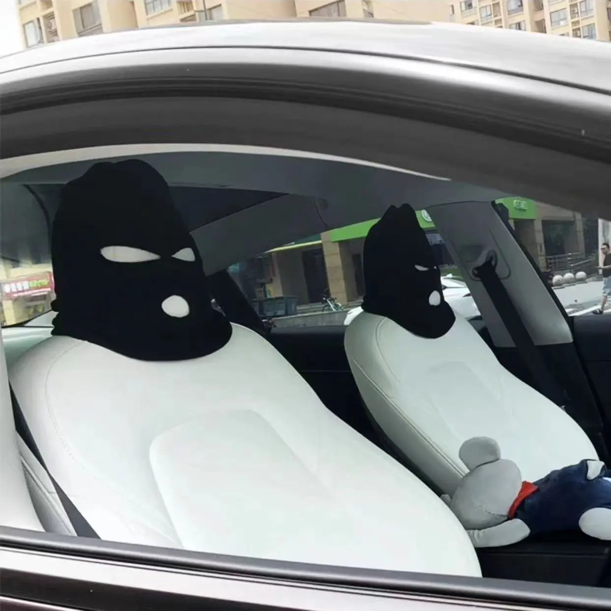 2pcs Spoof Car Seat Cover Masked Person Knitted Headgear Headrest Cover Decoration Car Anti-theft Warning Universal Decoration