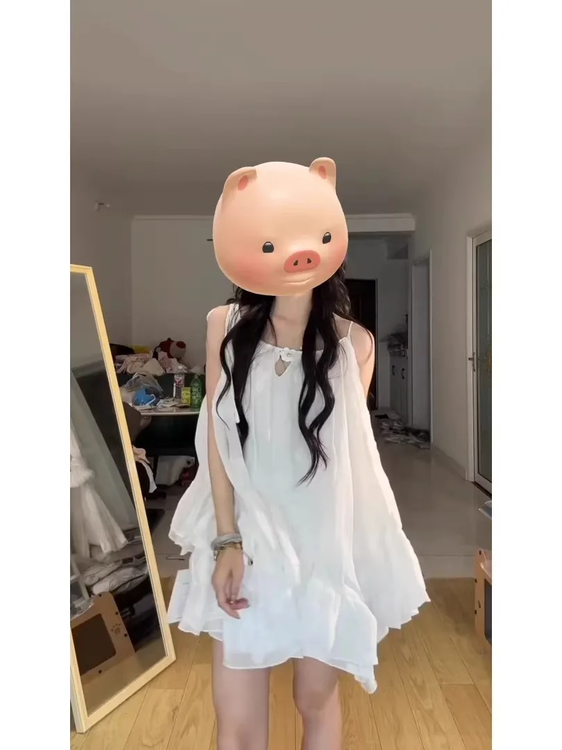 Letni Biały Zestaw Damski z Ramiączkami, Słodki, Plażowy, Bufiasta Spódnica, Krótki Top, Okrągły Dekolt, Bez Rękawów, Przez Głowę