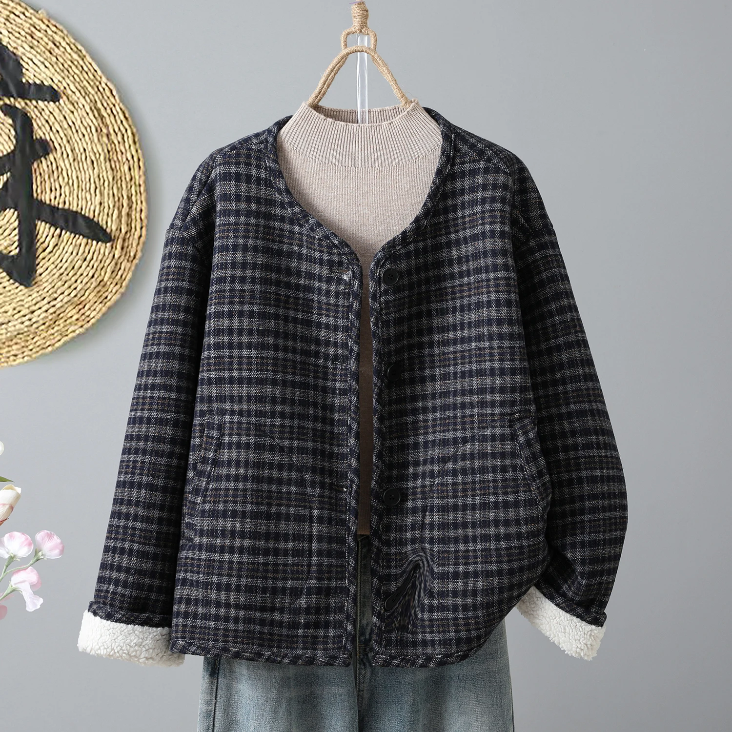 冬用ファイオン・ティエンエド・プレイド・ウール混紡・暖かいコットンジャケット・フェイス裏地付き・シングルボタン・レディース・リトルコットンコート