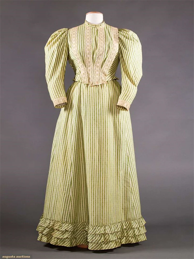 

1890S Green Striped Day Dress Historical Vintage Dress Women's Medieval Victorian Dress Party Outfit
