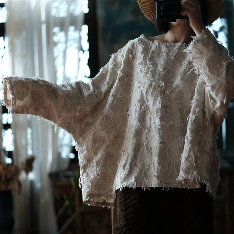 High Quality Cotton Linen Casual T-shirts New 2024 Autumn Vintage Style O-neck Batwing Sleeve Loose Female Tops Tees M118