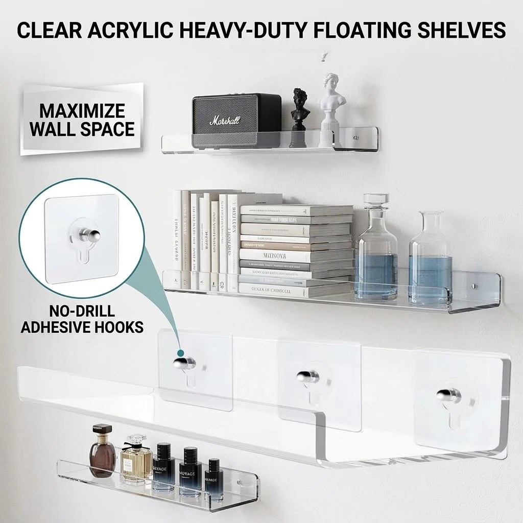 No Drill Acrylic Floating Shelf Adhesive Clear Wall Storage Organizer Display Ledge Rack for Bathroom Kitchen