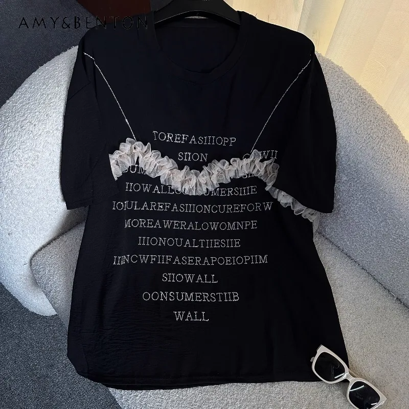 

Summer New Design Diamond Drills Letter Short-sleeved T-shirt Women's Belly Loose Casual Medium And Long Top Tshirts Pullover