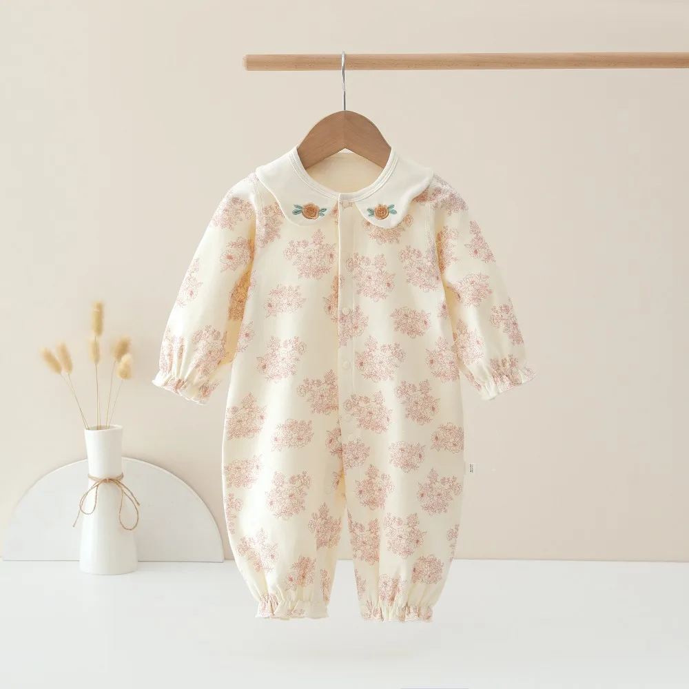 Spring and Autumn Baby Pure Cotton Velvet Jumpsuit with Plant Pattern Printed Baby Girl Clothing High Quality Baby Girl Clothing