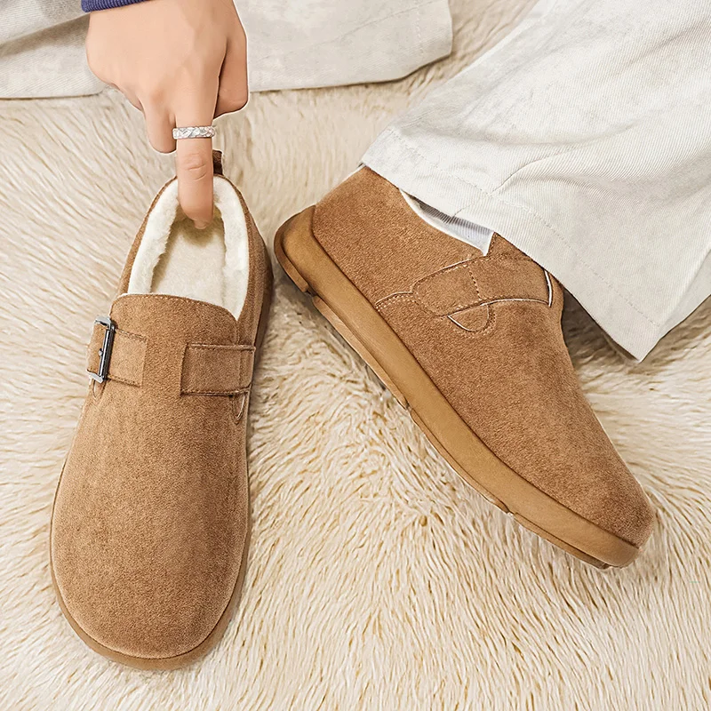 Chaussures d'hiver pour hommes, chaussures épaisses et moelleuses doublées en coton, chaussures chaudes en fourrure, bottes de neige à bout rond, Style loisirs, chaussures à fond plat