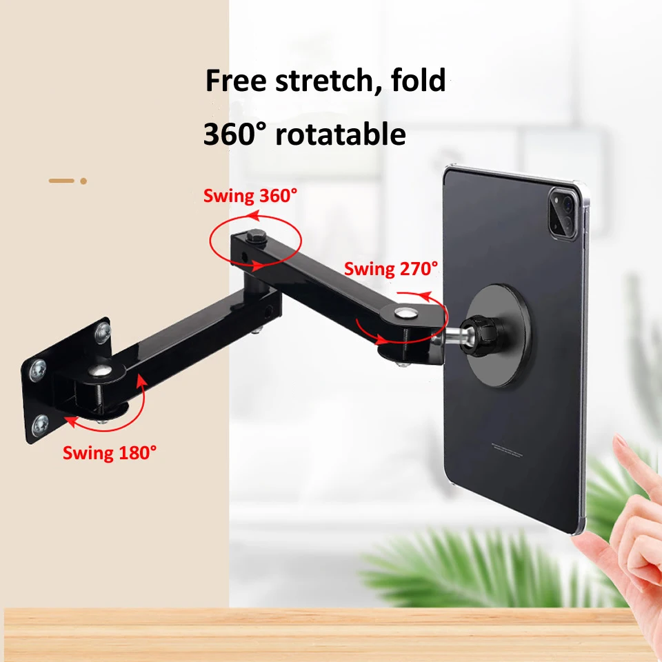 Magnetic Wall Mount Tablet Stand Long Arm Stretchable Phone Wall Holder Adjustable Metal Wall Stand for iPhone iPad 4-13 Inches