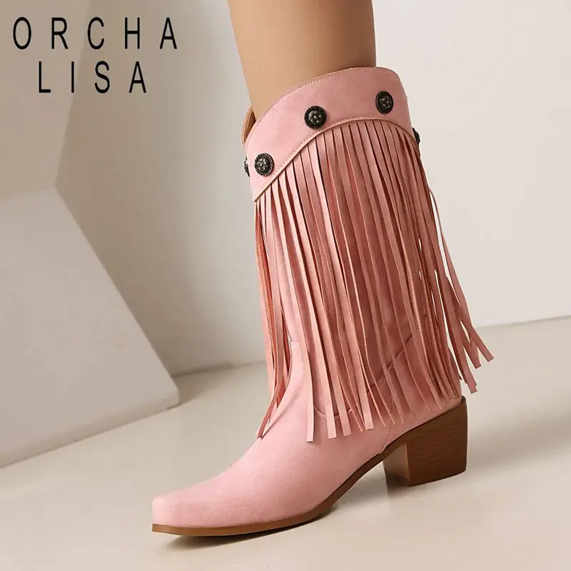

ORCHA LISA 2025 Classic Tassels Fringe Women's Mid Calf Boots Pointed Toe 8.5cm High Heels Zipper Big Size 42-45 Fashion Bota