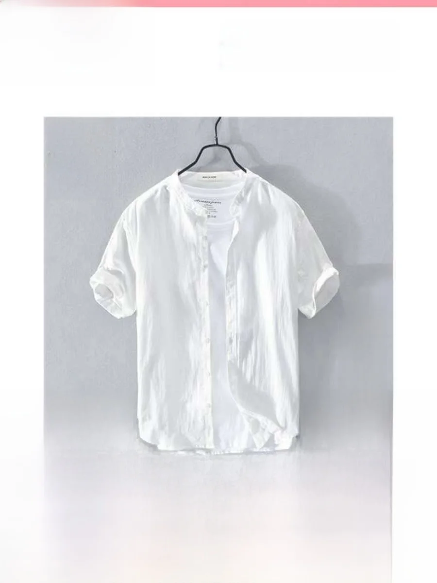 

New Men's Cotton Linen ort Sve irt Loose Fit Thin Sle Summer round Ne f Sve Young Adult Casual Pure Color