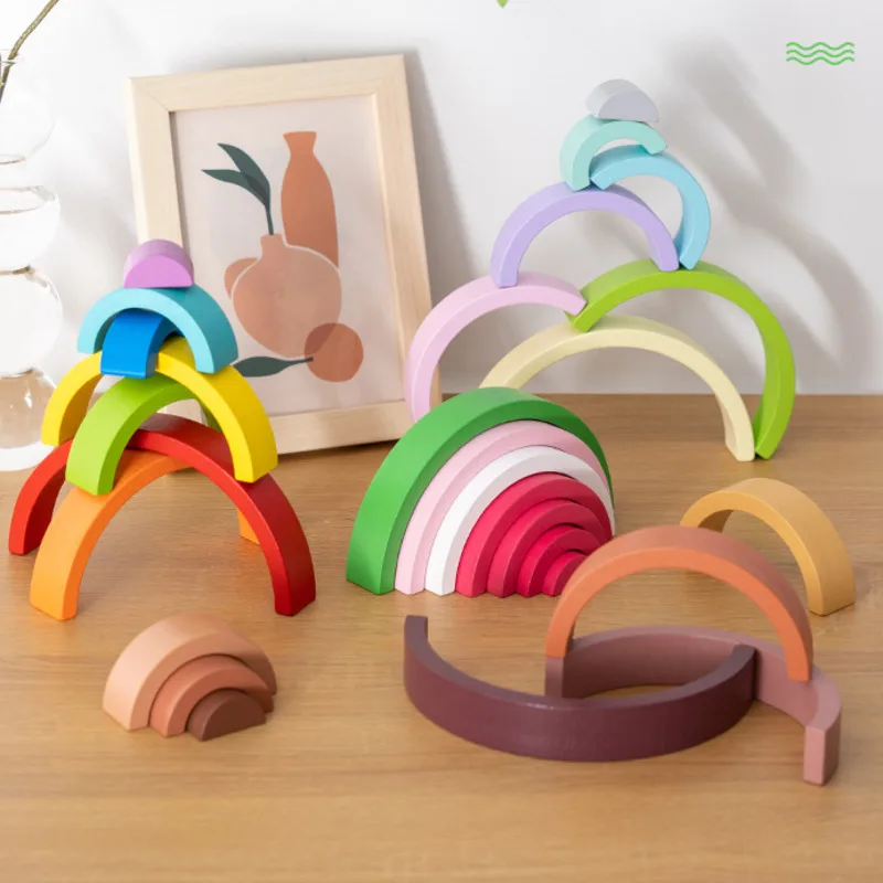 Creativity Baby Early Education Color Cognitive Blocks Toy Kids Montessori Arch Bridge Rainbow Building Blocks Wooden Toys