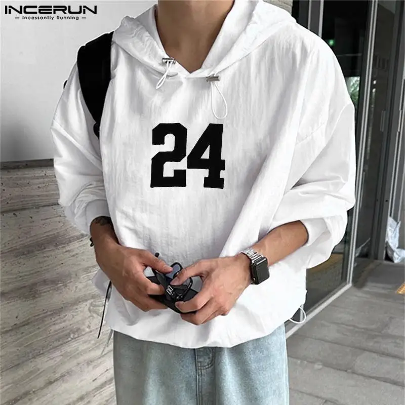 INCERUN Men Long Sleeve Hooded Sweatshirts 2024 Autumn Casual Printed Tops Well Fitting Elegant Hoodies Oversize Korean Style