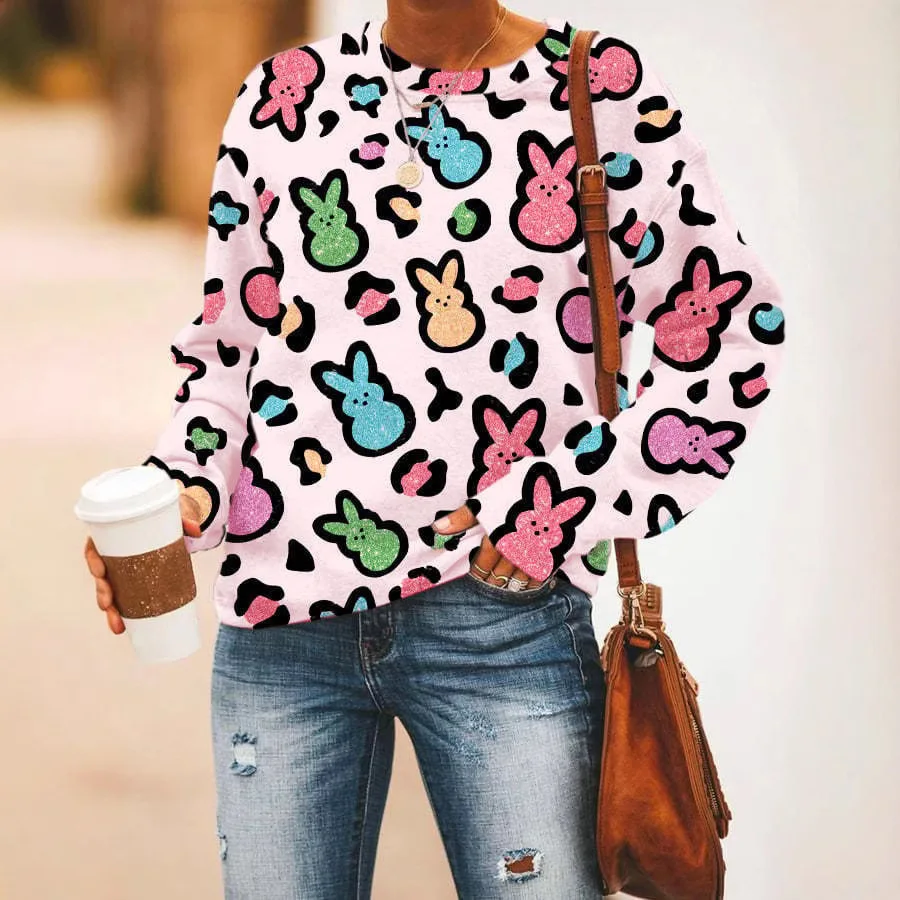 Spring and summer tie dye Easter bunny themed printed loose long sleeved T-shirt