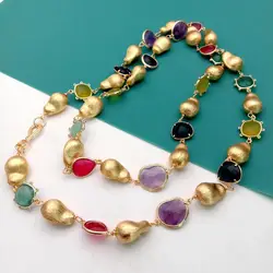 KKGEM  Natural 13x18mm Brushed beads  14mm Fluorite Lemon Quartz Amethyst JadeLong Necklace Fashion Necklaces 40