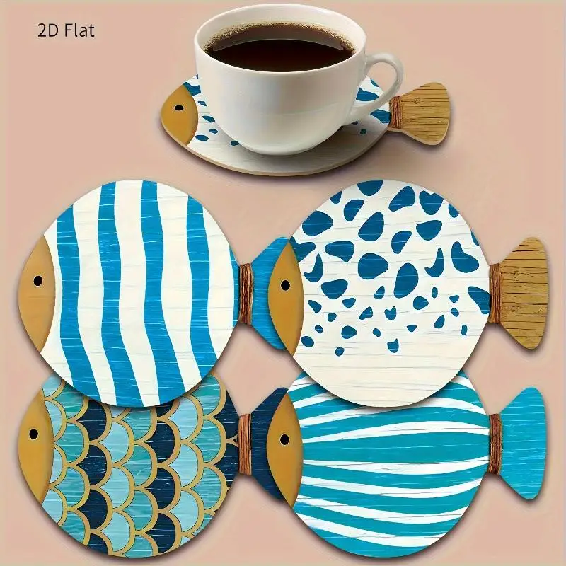 Fish-shaped Wooden Coasters 4pcs/set Vibrant Blue White Pattern Wooden Placemats Heat-Resistant Cup Mat for Coffee & Tea Lovers