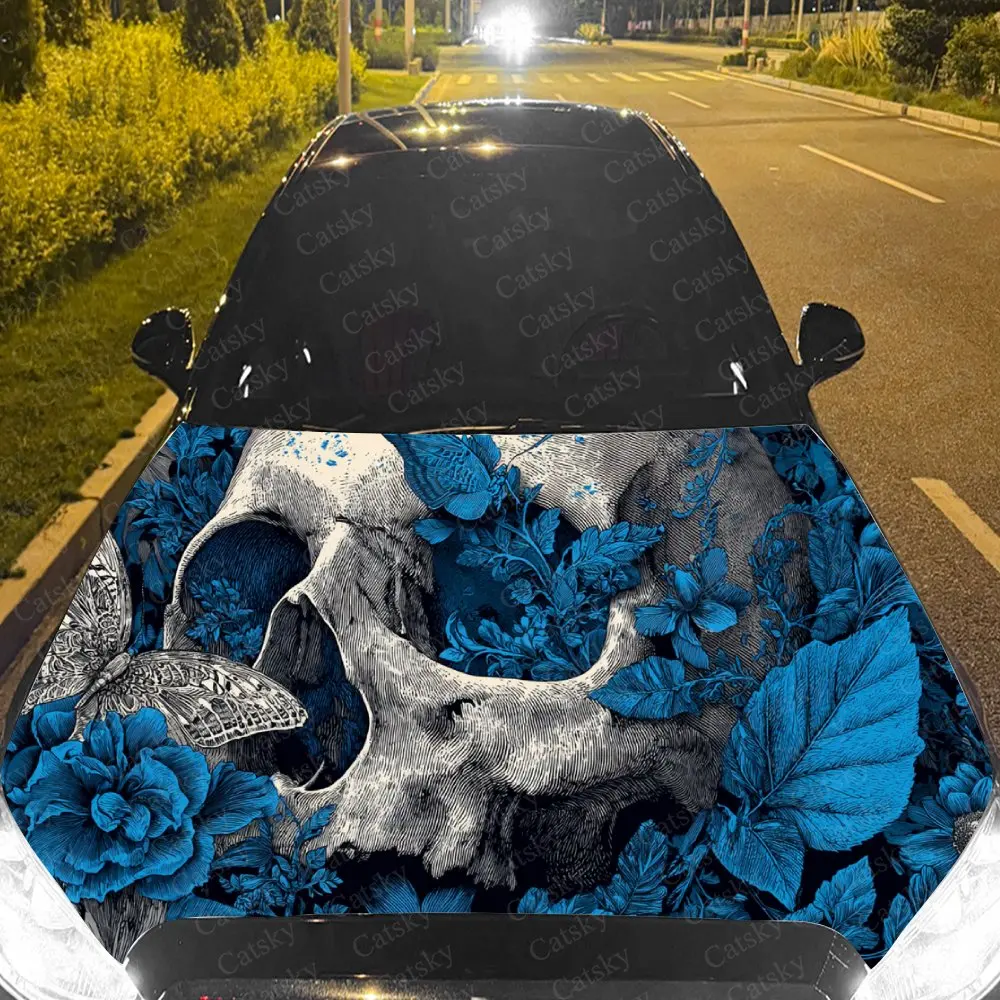 Car Decal Skull with Blue Floral Artistic Fusion in Contrasting Gothic Design, Creating a Bold and Enigmatic Visual Car Hood Sti