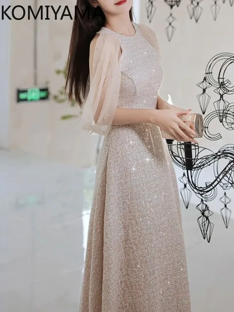 O-neck Sleeve Shoulder Design Sequined Evening Dresses Slim Waist Simple Elegant Prom Dresses Temperament Wed Party Vestidos