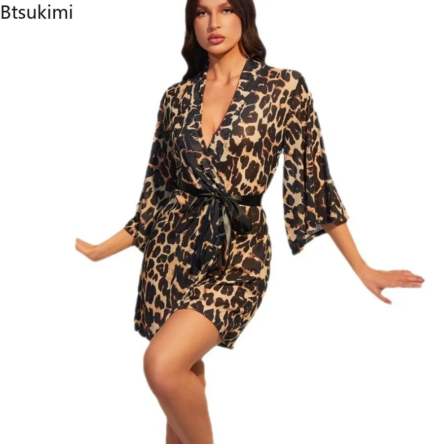 New 2025 Summer Women's Sexy Bathrobe Allover Leopard Print Nightdress Mesh Nightwear Cozy Bridesmaid Wedding Party Belted Robe