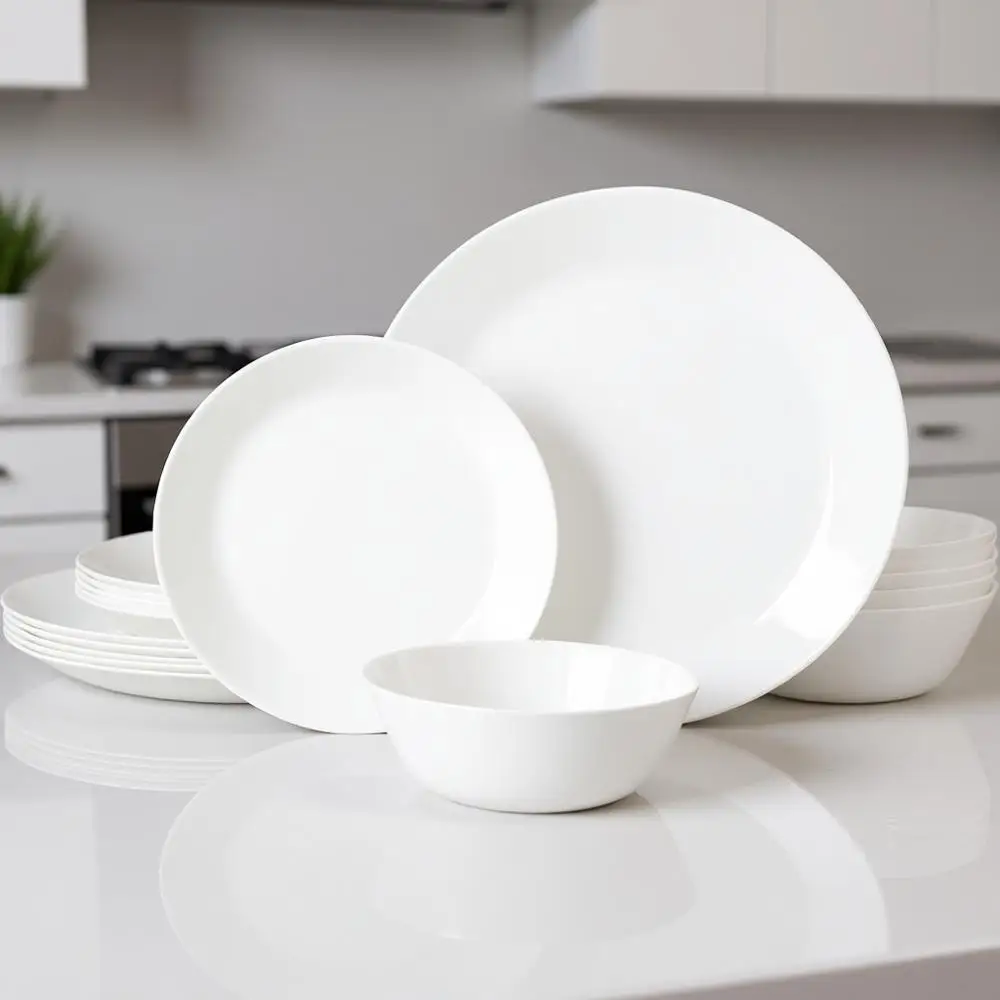 

Набор посуды из 18 предметов из эластичного опалового стекла – легкий, белый, можно использовать в микроволновой печи и посудомоечной машине