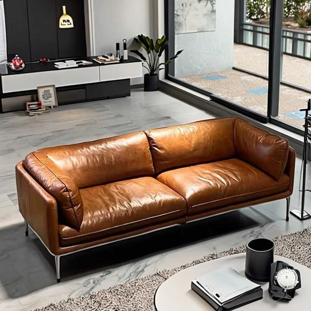 Italian Simple Art Hotel Living Room Furniture Set Flat Straight Sectional Sofa in Genuine Leather Minimalist Style for Use