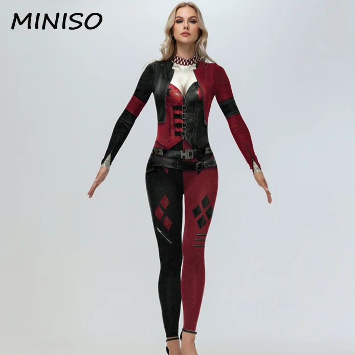 MINISO Cosplay Clown Printed Jumpsuit Spandex Catsuit Halloween Harley Quinn Dress Up Performing Costumes Party Zentai Bodysuits