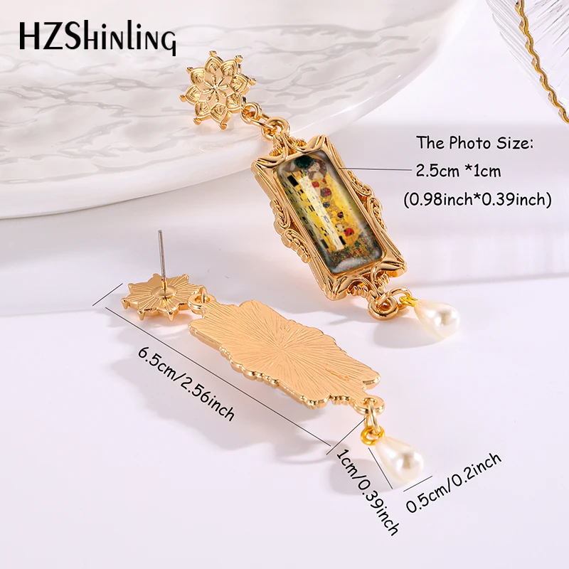 2024 New Gustav Klimt Art Drop Earring Golden Tears Retro Rectangular Earrings Golden Mandala Charm Glass Cabochon Jewelry