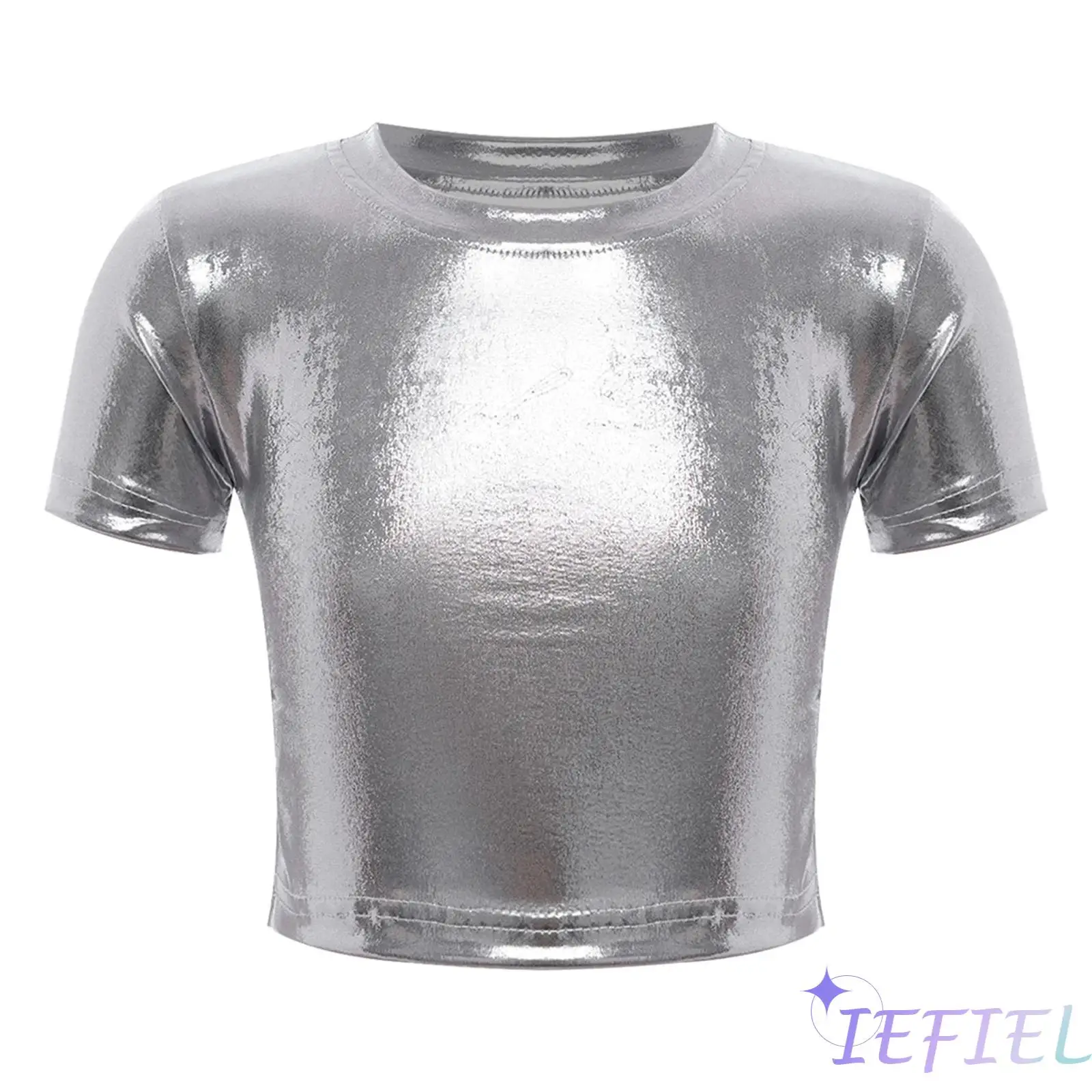 

Kids Girls Hip Hop Jazz Dance Performance Costume Round Neck Short Sleeves Ruched Metallic Crop Tops