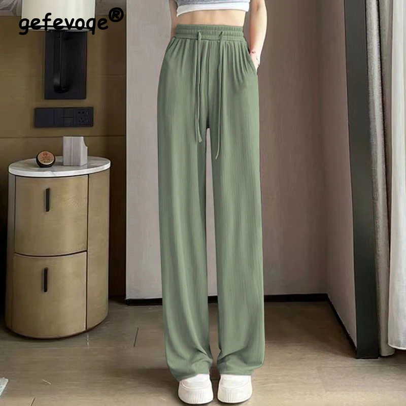 

Women Clothes 2023 Summer Trendy Harajuku Streetwear Y2K Straight Wide Leg Pants Solid Drawstring High Waist Trousers Pantalones