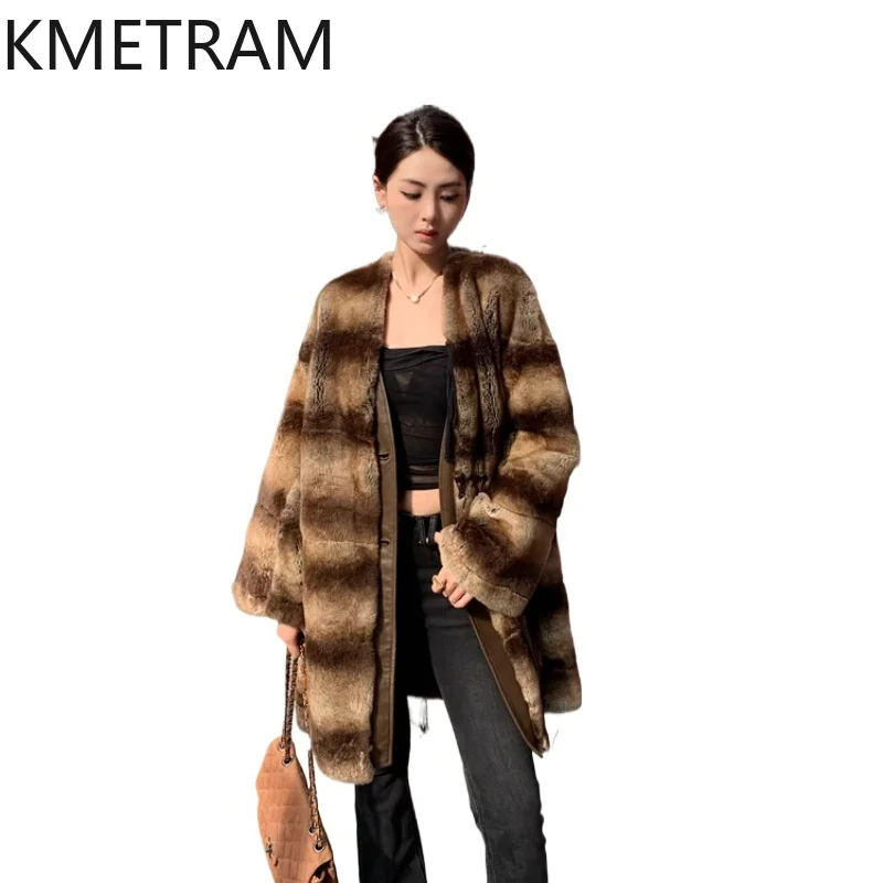 Real Rex Rabbit Fur Coat Women Fashion Tie Dye Gradient Fur Jacket for Woman High Quality Winter Luxury Clothes 2025 Fourrure