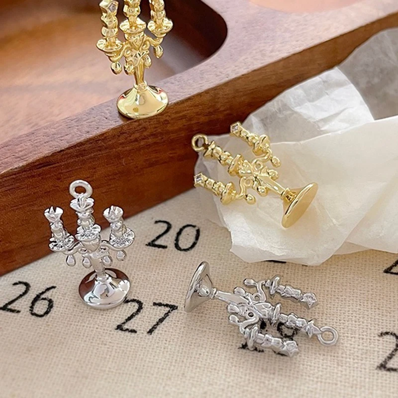 4pcs Copper-plated Gold Color French Classical Romantic Court Star Zircon Candle Holder Dreamy DIY Handmade Pendant Charms
