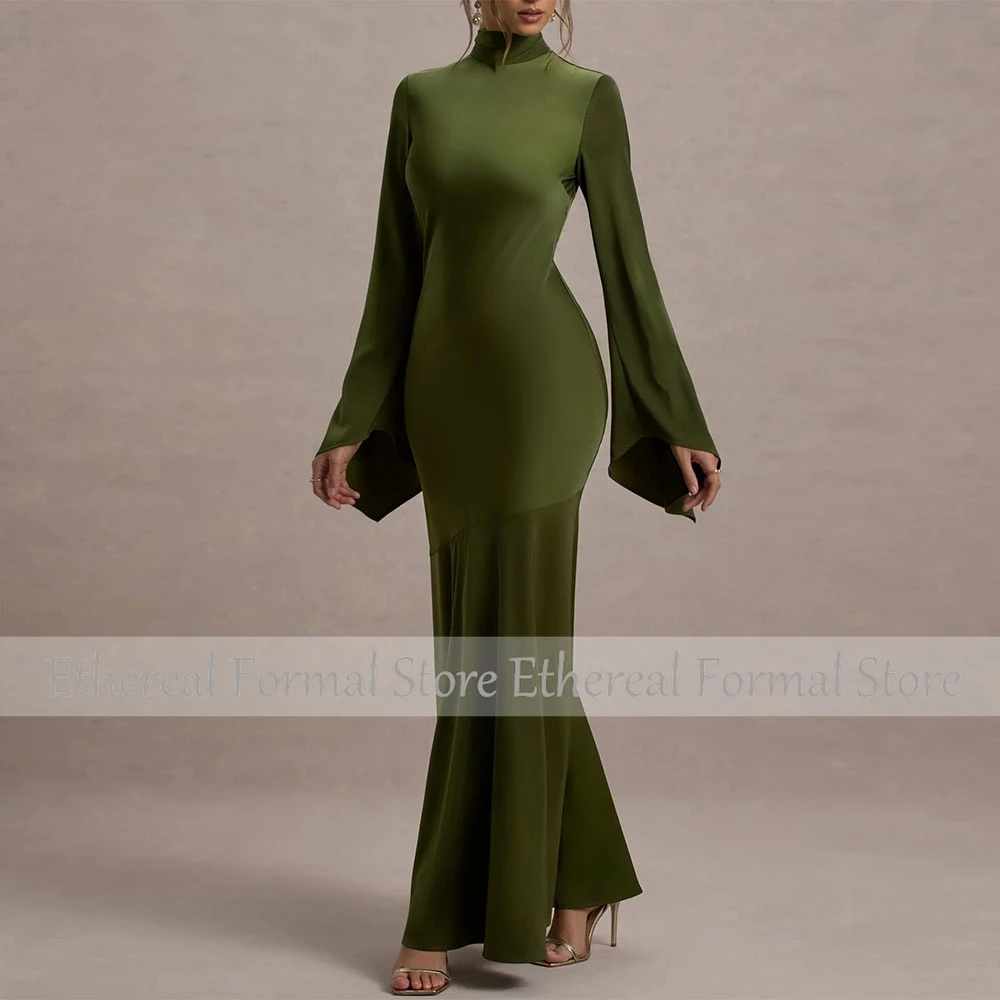Abito da sera verde Collo alto Sirena Abito da sera da donna Lungo senza maniche Tromba Lunghezza pavimento Abiti formali semplici